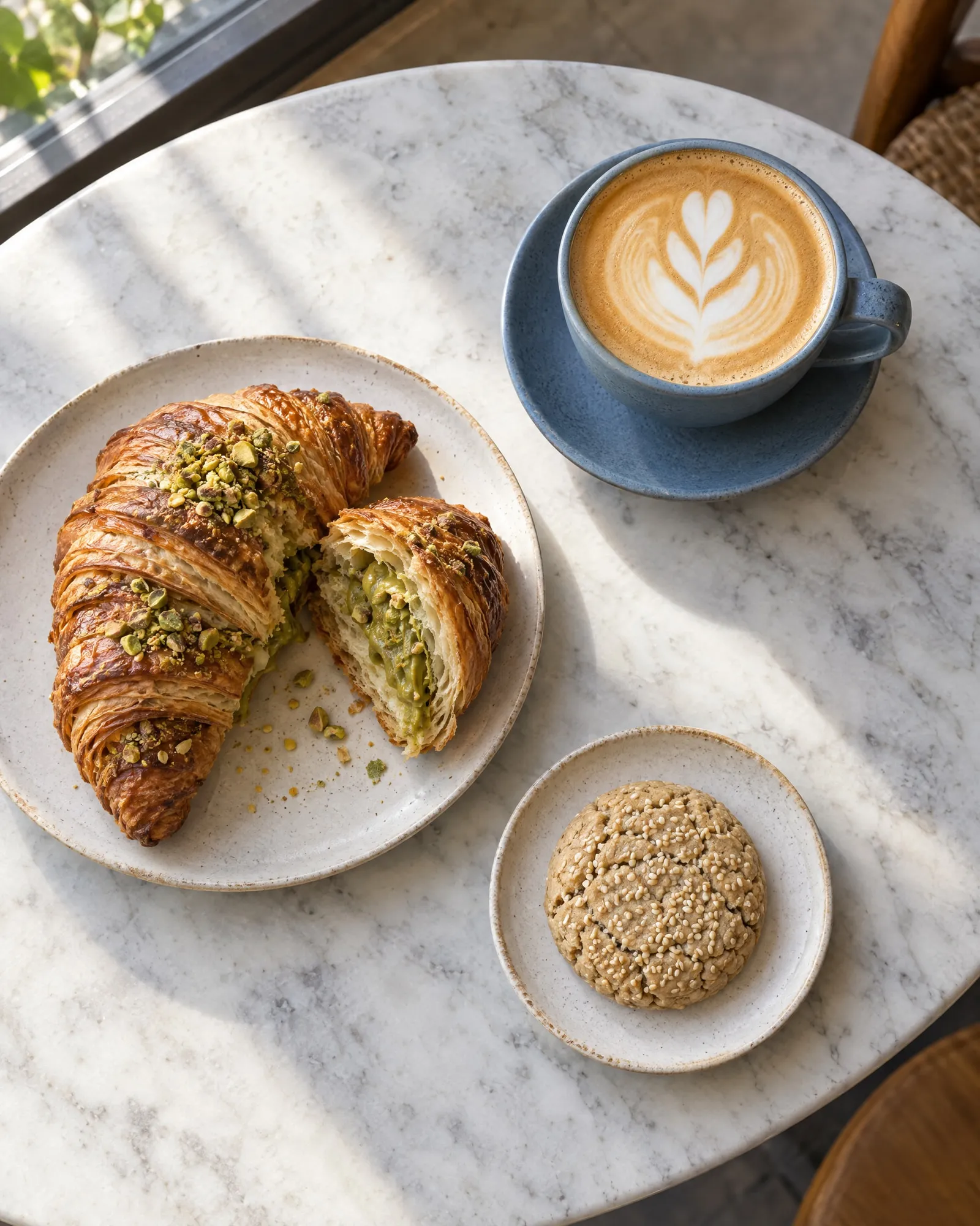 Flat white, pistachio croissant and tahini cookie