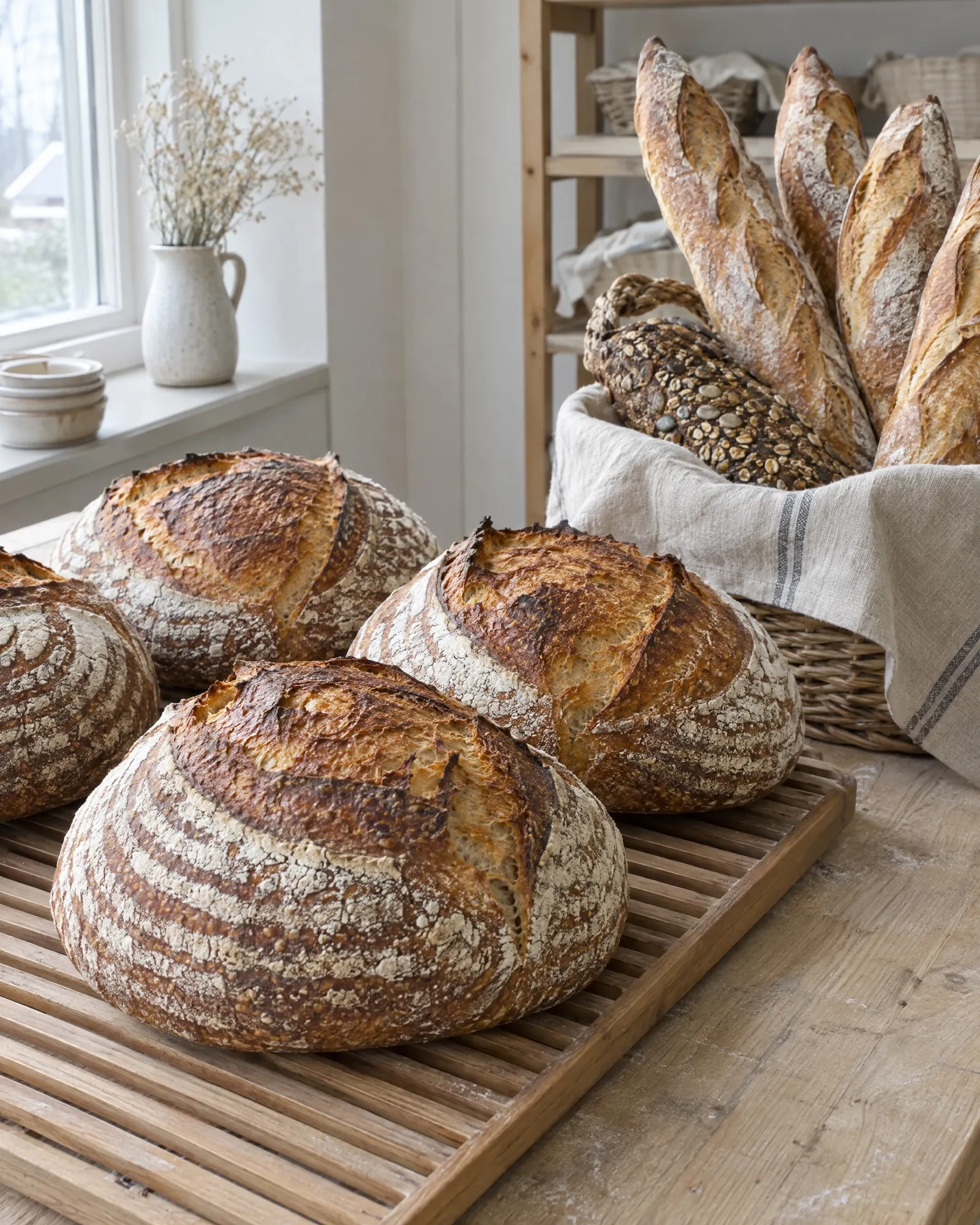 Sourdough and rye loaves cooling on the rack