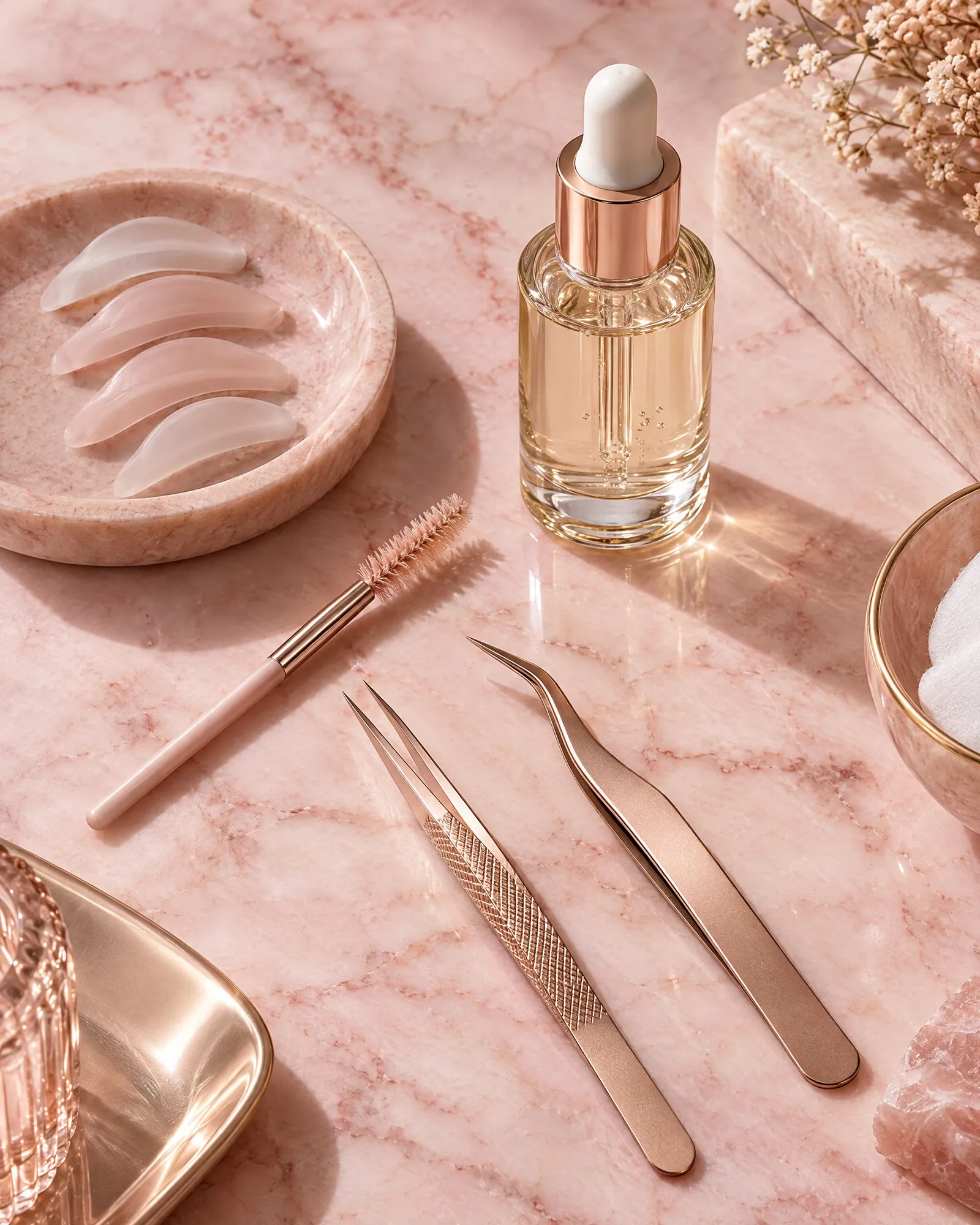 Lash lift tools on pink marble