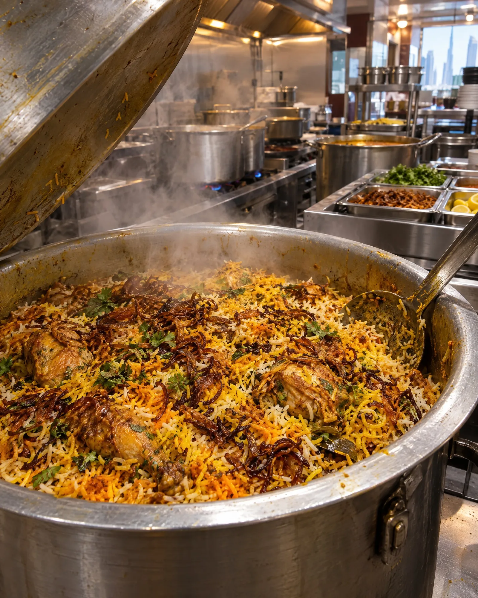 Smoked lamb biryani in a copper pot