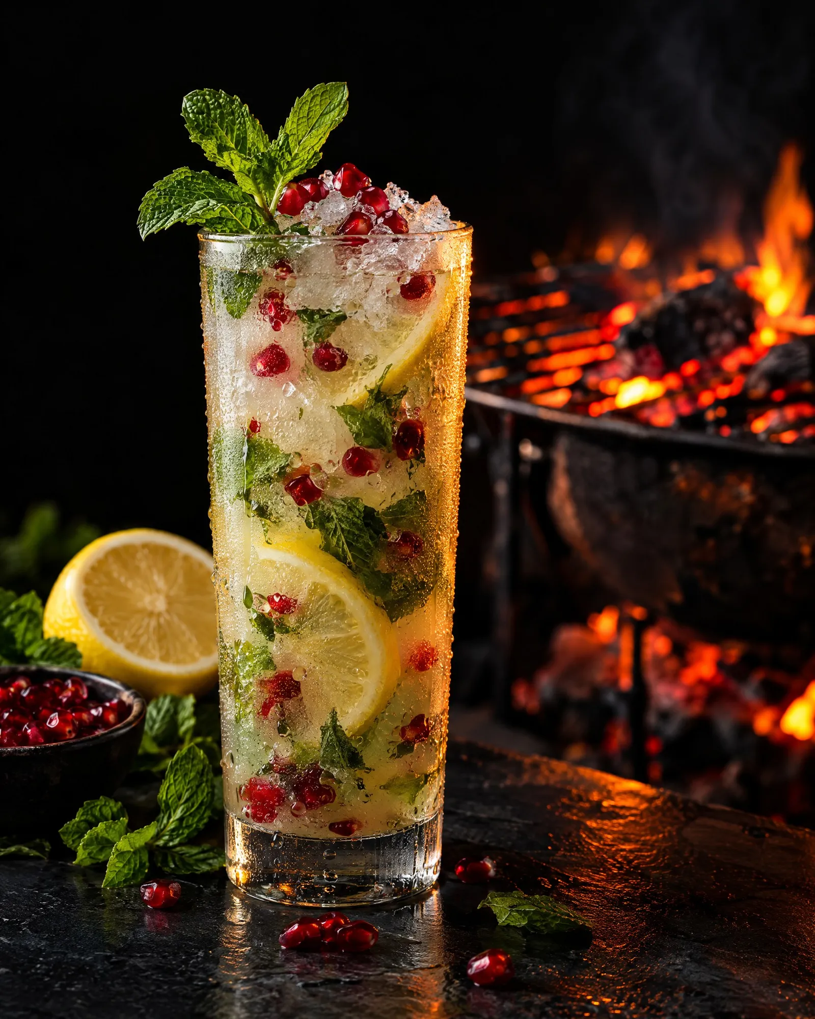 Lemon mint with crushed ice and pomegranate