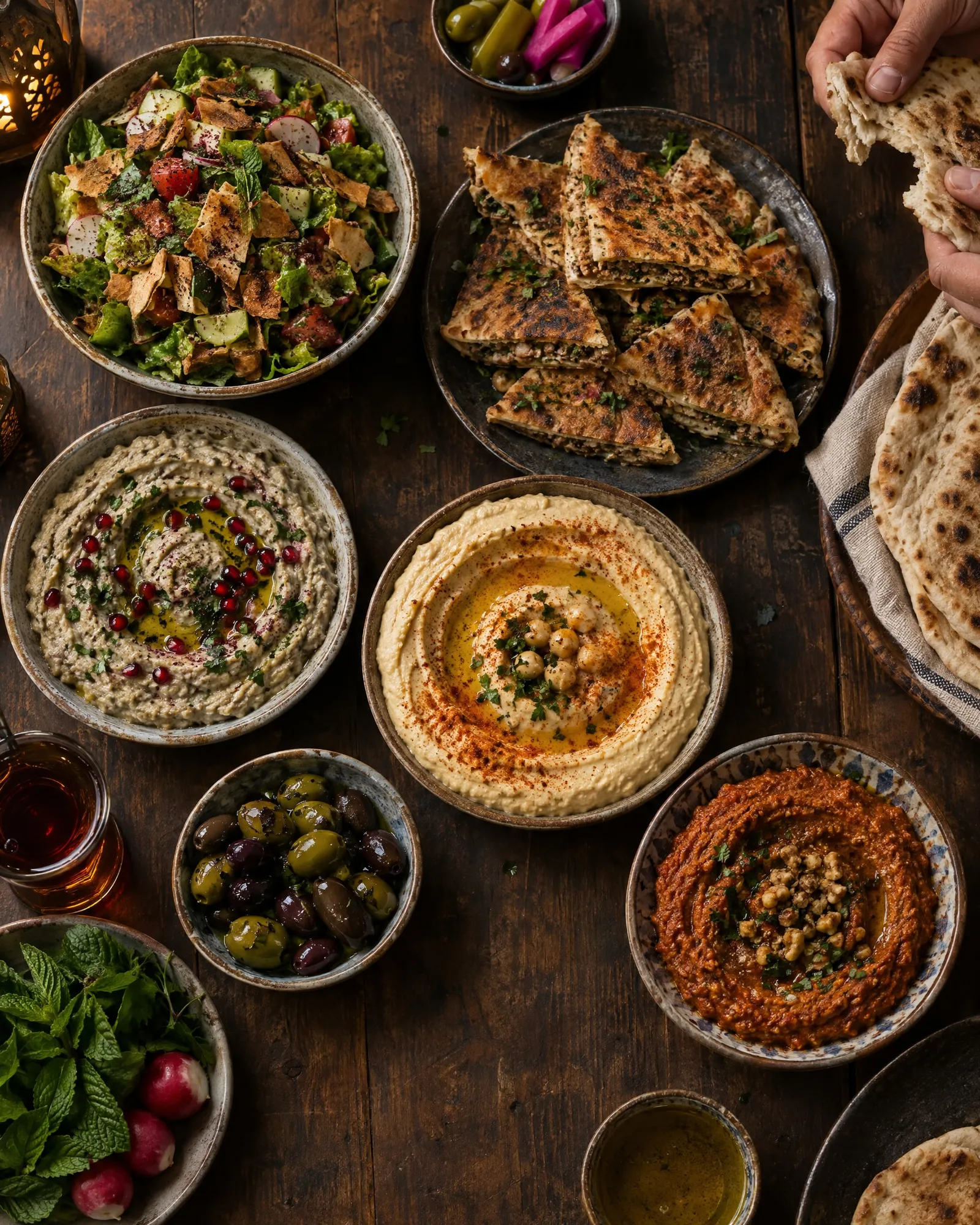 Hummus, moutabal, muhammara, fattoush and arayes