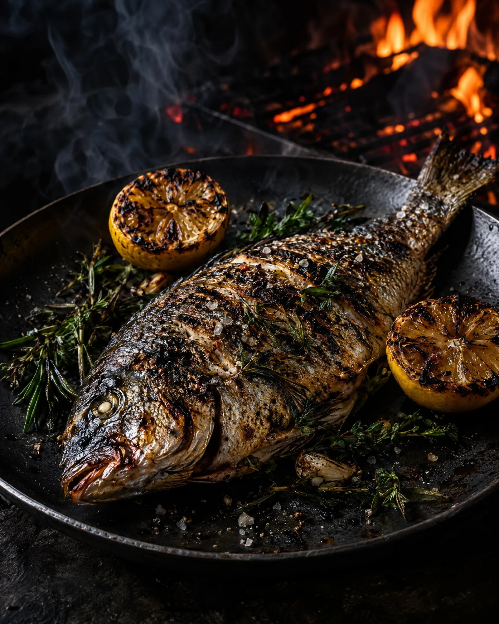 Whole sea bream grilled over charcoal with charred lemon