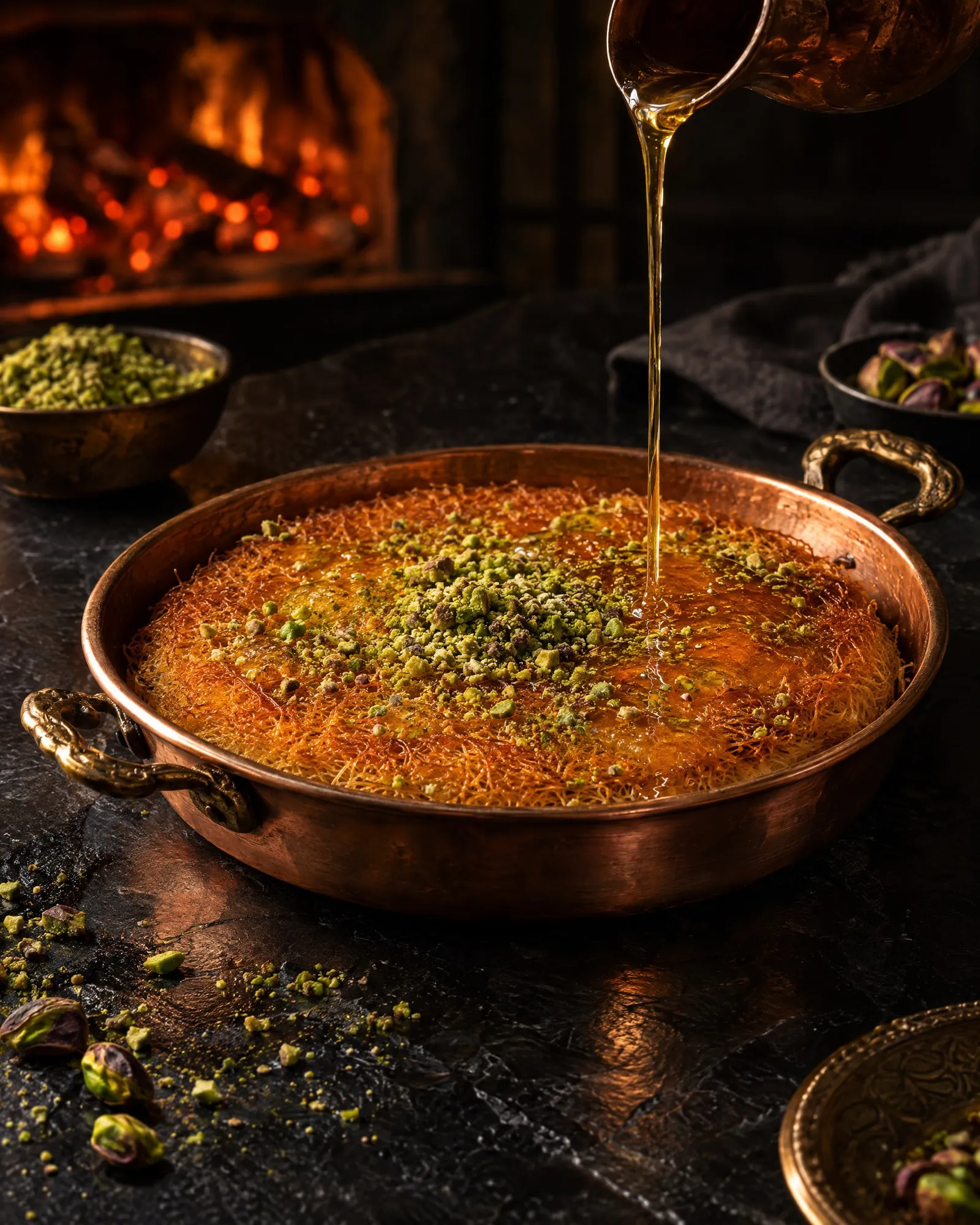 Kunafa in a copper pan with syrup and pistachio