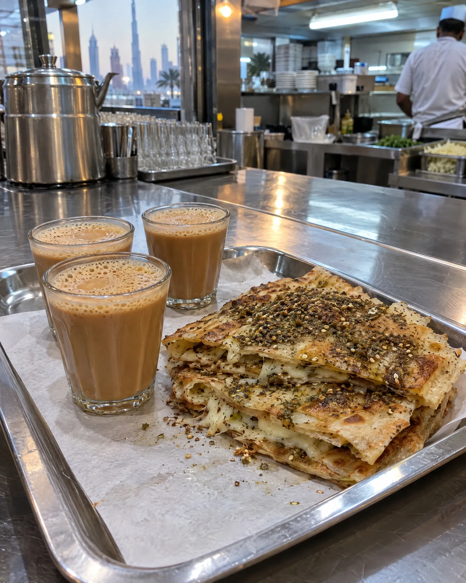 Karak glasses and zaatar cheese paratha on the counter