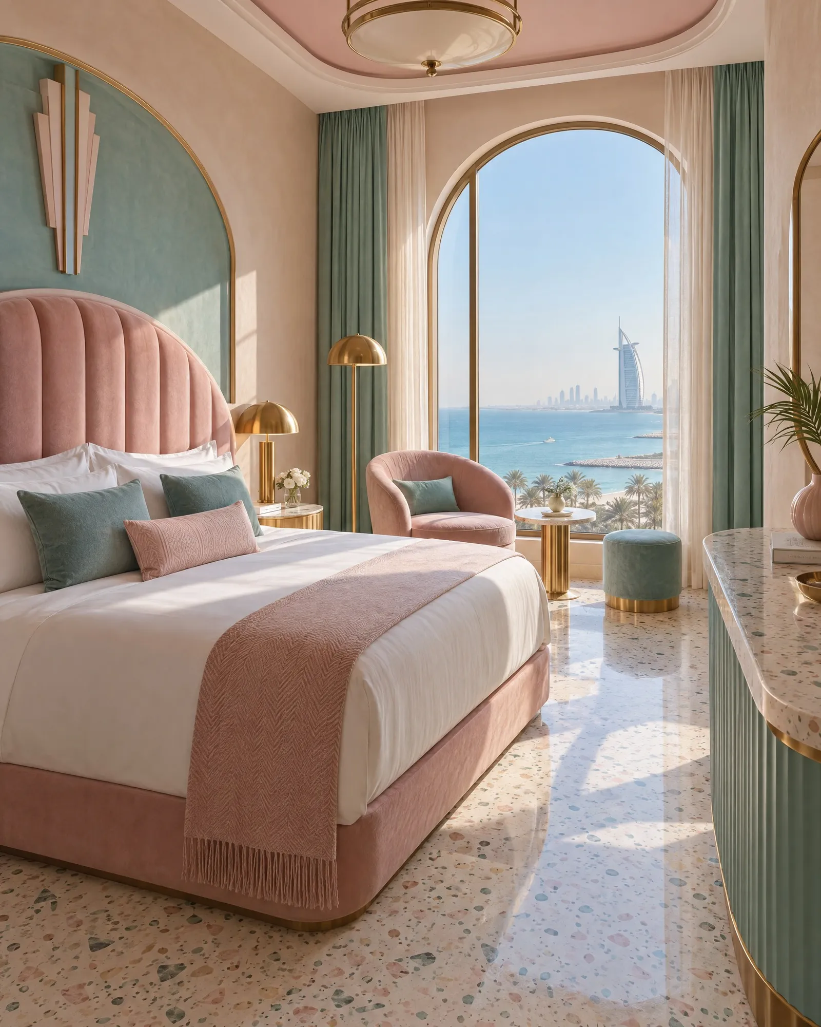 Deco Double with pink headboard and sea view