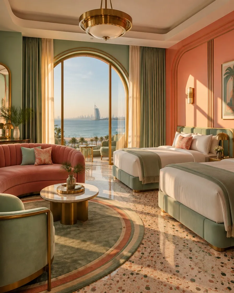 Family Suite in coral and mint with an arched window