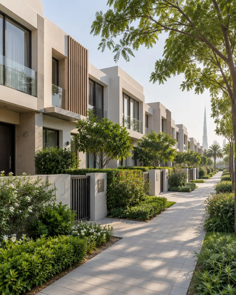 Row of townhouses with front gardens