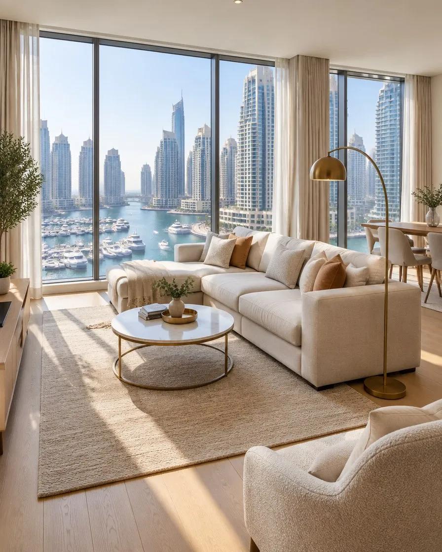 Living room with a view over Dubai Marina